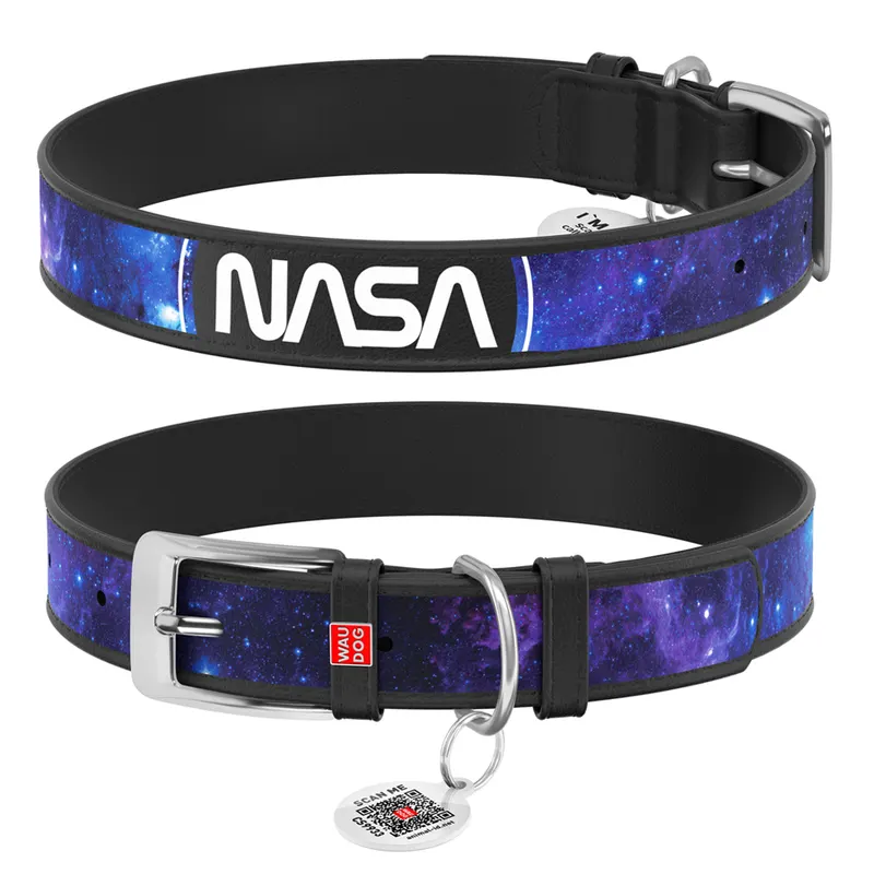 Нашийник для собак шкіряний WAUDOG Design з QR паспортом, малюнок "NASA21", чорний