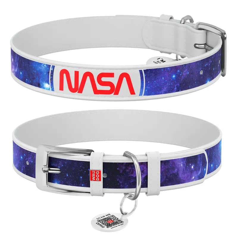 Нашийник для собак шкіряний WAUDOG Design з QR паспортом, малюнок "NASA21", білий