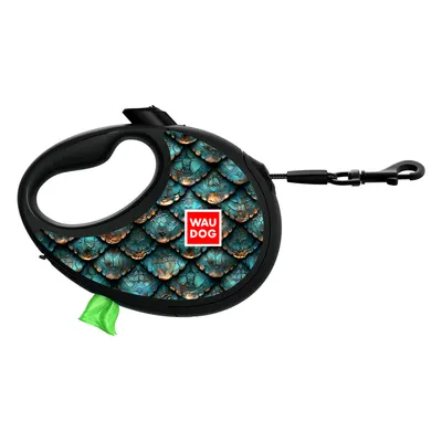 Повідець-рулетка для собак WAUDOG R-leash з контейнером для пакетів, малюнок "Луска", світловідбивна стрічка, до 40 кг