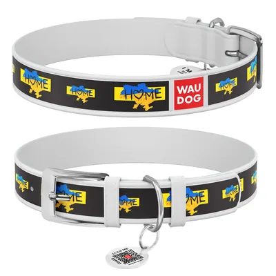 Нашийник для собак шкіряний WAUDOG Design з QR паспортом, малюнок "Дім", білий
