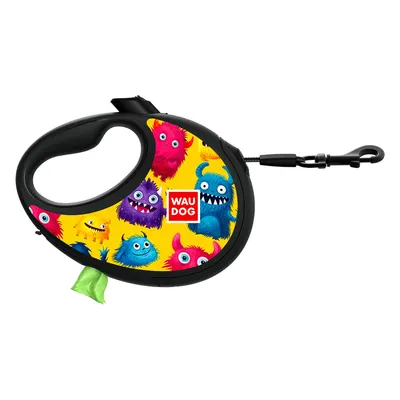 Повідець-рулетка для собак WAUDOG R-leash з контейнером для пакетів, малюнок "Мохнаті монстри", світловідбивна стрічка, до 40 кг