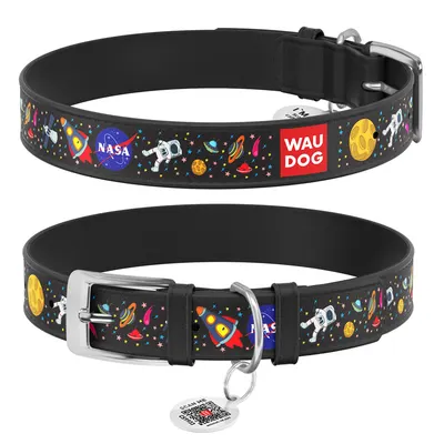 Нашийник для собак шкіряний WAUDOG Design з QR паспортом, малюнок "NASA", чорний