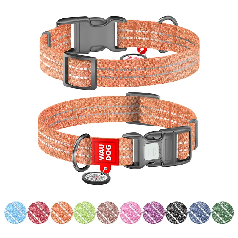 Нашийник для собак із відновленої бавовни WAUDOG Re-cotton з QR паспортом, світловідбиваючий, пластиковий фастекс, помаранчевий