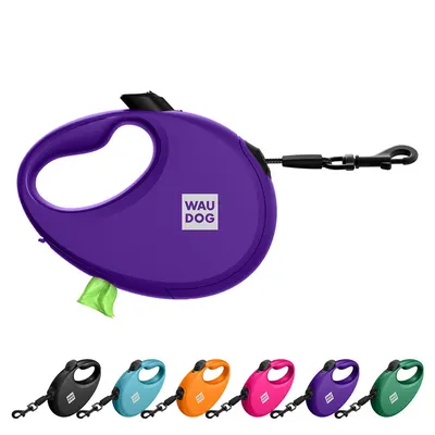 Повідець-рулетка для собак WAUDOG R-leash з контейнером для пакетів, світловідбивна стрічка, до 40 кг, фіолетовий