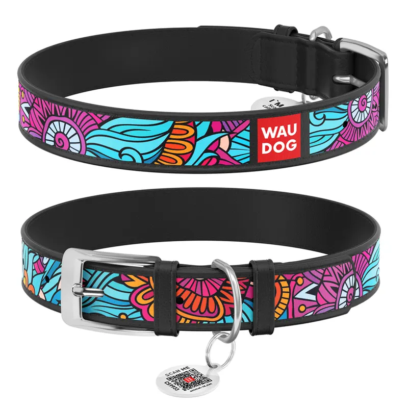 Нашийник для собак шкіряний WAUDOG Design з QR паспортом, малюнок "Літо", чорний