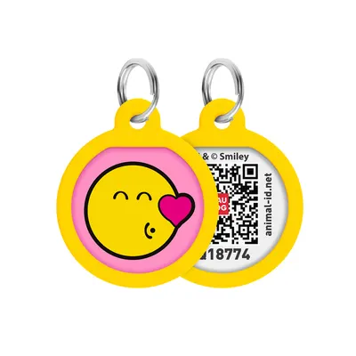 Адресник для собак і котів металевий WAUDOG Smart ID з QR паспортом, малюнок "Смайли на рожевому", коло