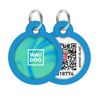 Адресник для собак і котів металевий WAUDOG Smart ID з QR паспортом, малюнок "Градієнт блакитний", коло