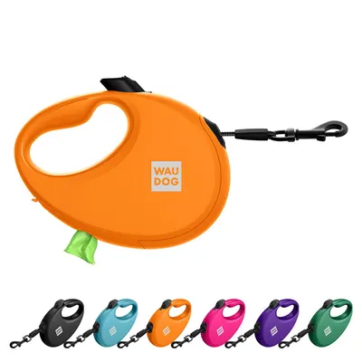 Повідець-рулетка для собак WAUDOG R-leash з контейнером для пакетів, світловідбивна стрічка, до 20 кг, помаранчевий