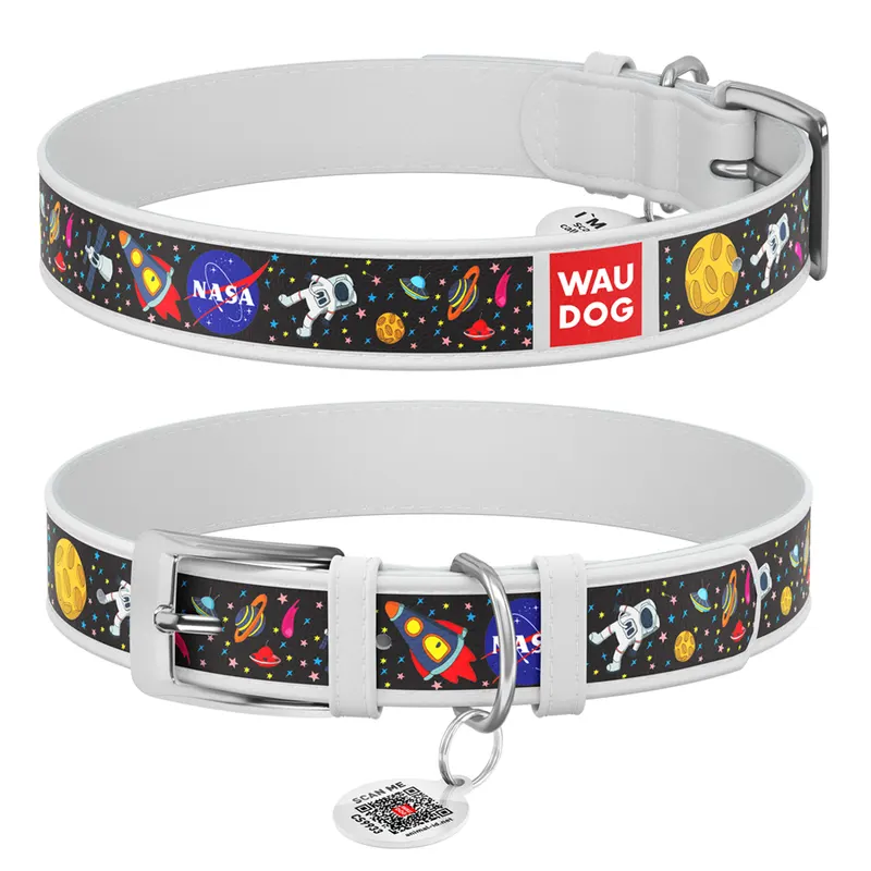 Нашийник для собак шкіряний WAUDOG Design з QR паспортом, малюнок "NASA", білий