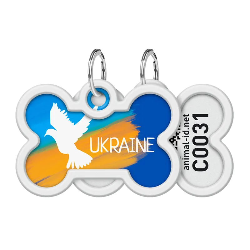 Адресник для собак і котів металевий WAUDOG Smart ID з QR паспортом, малюнок "Прапор", кістка