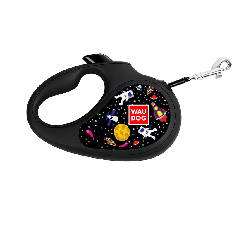 Повідець-рулетка для собак WAUDOG R-leash, малюнок "NASA", до 15 кг, світловідбиваюча стрічка, чорний
