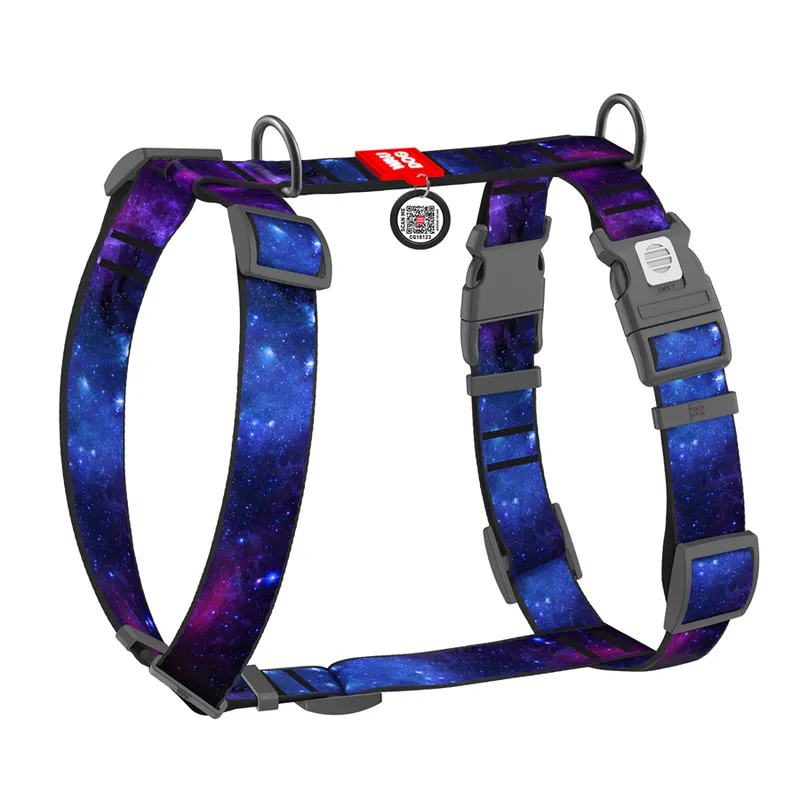 Шлея для собак анатомічна H-подібна WAUDOG Nylon з QR-паспортом, малюнок "NASA21", пластиковий фастекс