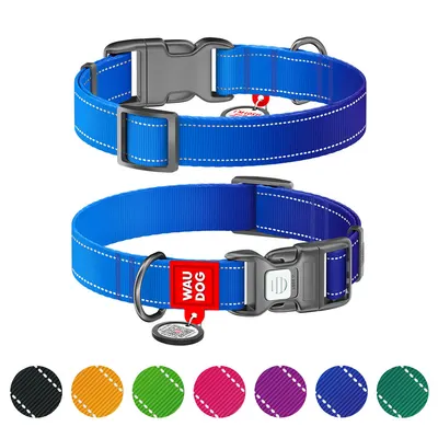 Нашийник для собак нейлоновий WAUDOG Nylon Mono з QR паспортом, світловідбивний, пластиковий фастекс, синій