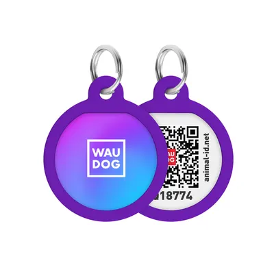 Адресник для собак і котів металевий WAUDOG Smart ID з QR паспортом, малюнок "Градієнт фіолетовий", коло