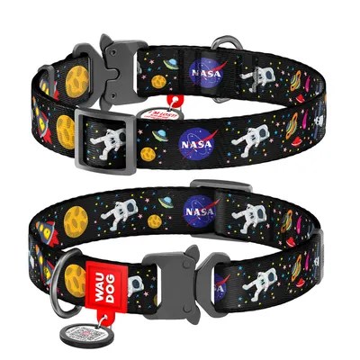 Нашийник для собак нейлоновий WAUDOG Nylon з QR паспортом, малюнок "NASA", металічна пряжка-фастекс