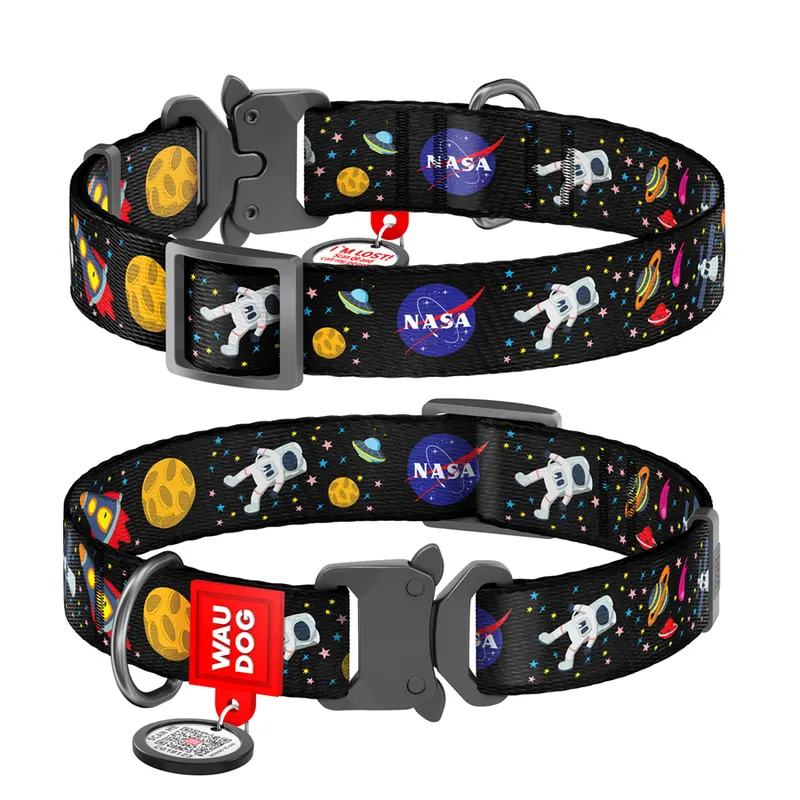 Нашийник для собак нейлоновий WAUDOG Nylon з QR паспортом, малюнок "NASA", металічна пряжка-фастекс