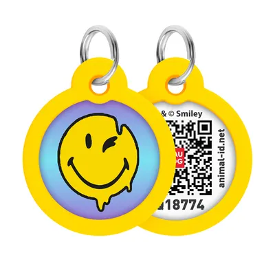 Адресник для собак і котів металевий WAUDOG Smart ID з QR паспортом, малюнок "Смайли на блакитному", коло