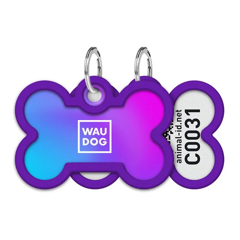 Адресник для собак і котів металевий WAUDOG Smart ID з QR паспортом, малюнок "Градієнт фіолетовий", кістка
