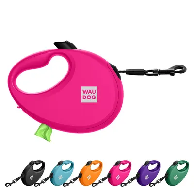 Повідець-рулетка для собак WAUDOG R-leash з контейнером для пакетів, світловідбивна стрічка, до 20 кг, рожевий