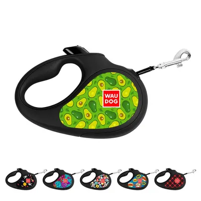 Повідець-рулетка для собак WAUDOG R-leash, малюнок "Авокадо", до 25 кг, світловідбиваюча стрічка, чорний