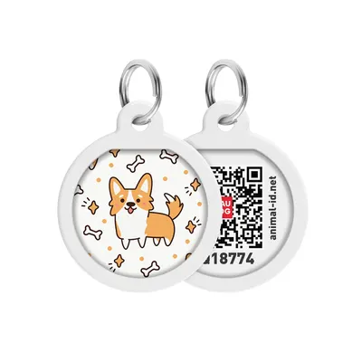 Адресник для собак та котів металічний WAUDOG Smart ID з QR паспортом, малюнок "Коргі", круг
