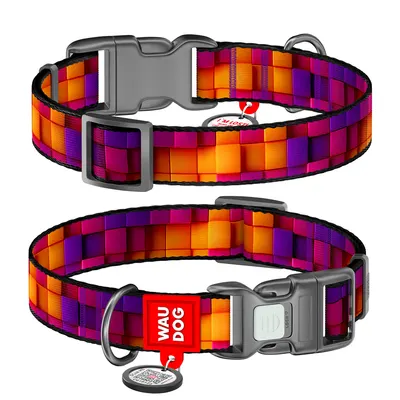 Нашийник для собак нейлоновий WAUDOG Nylon з QR паспортом, малюнок "Куби 3Д", пластиковий фастекс