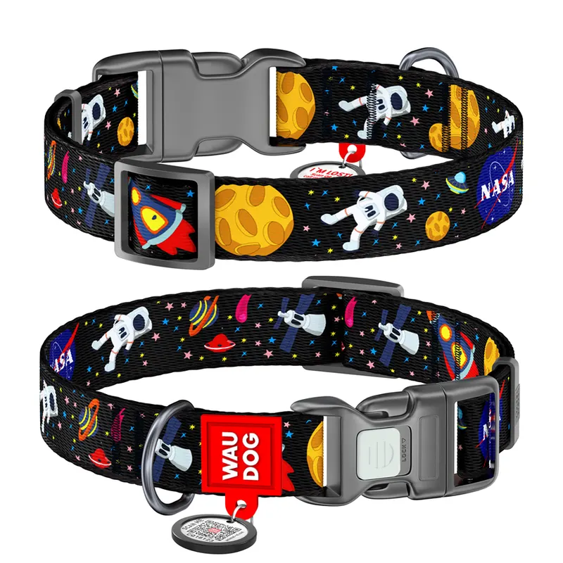 Нашийник для собак нейлоновий WAUDOG Nylon з QR паспортом, малюнок "NASA", пластиковий фастекс