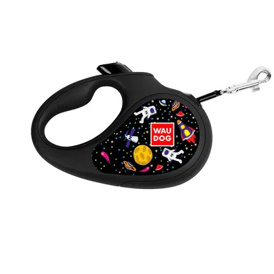 Повідець-рулетка для собак WAUDOG R-leash, малюнок "NASA", до 50 кг, світловідбиваюча стрічка, чорний