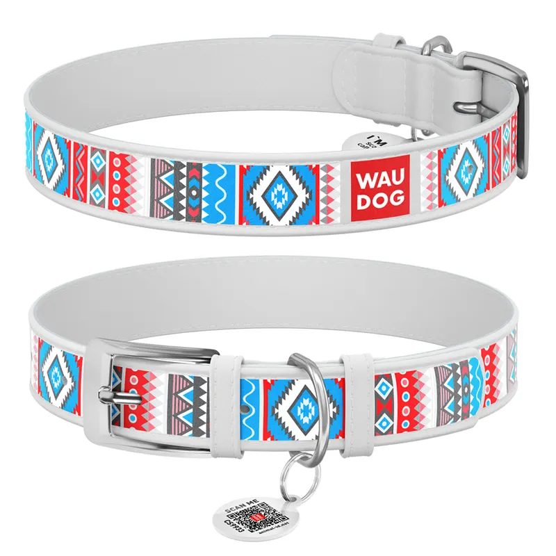 Нашийник для собак шкіряний WAUDOG Design з QR паспортом, малюнок "Етно", білий