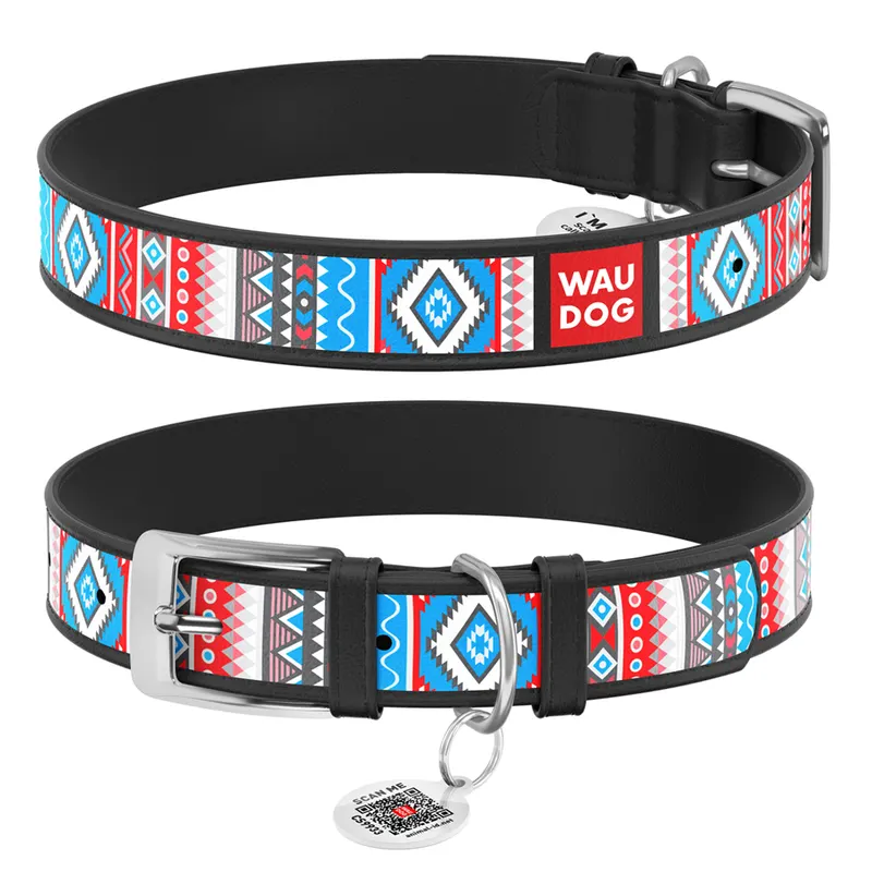 Нашийник для собак шкіряний WAUDOG Design з QR паспортом, малюнок "Етно", чорний