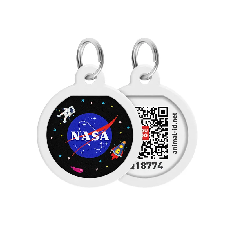 Адресник для собак та котів металічний WAUDOG Smart ID з QR паспортом, малюнок "NASA", круг