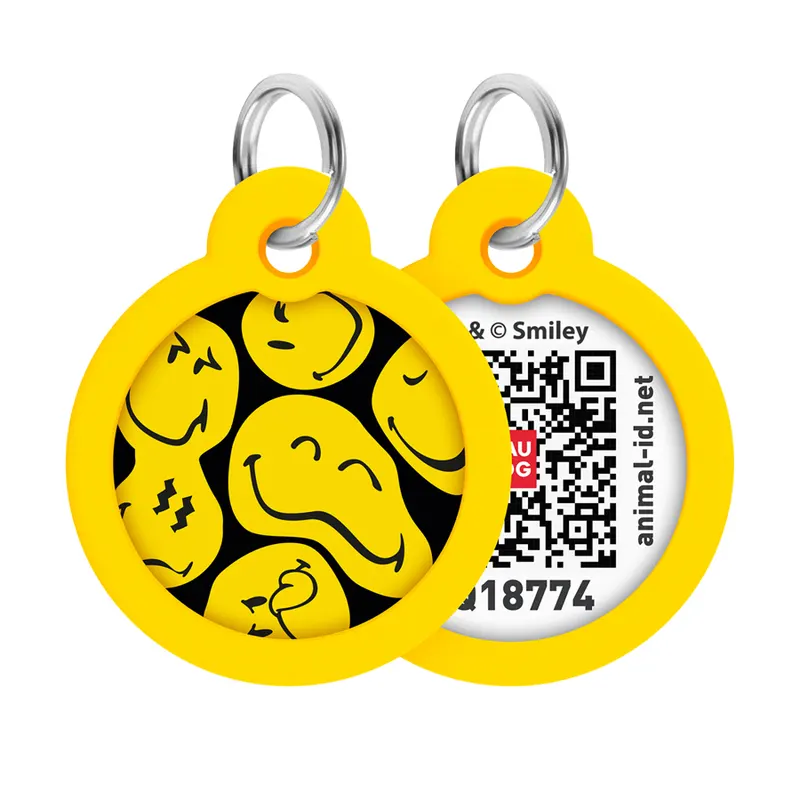 Адресник для собак і котів металевий WAUDOG Smart ID з QR паспортом, малюнок "Смайли на чорному", коло