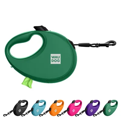 Повідець-рулетка для собак WAUDOG R-leash з контейнером для пакетів, світловідбивна стрічка, до 40 кг, зелений