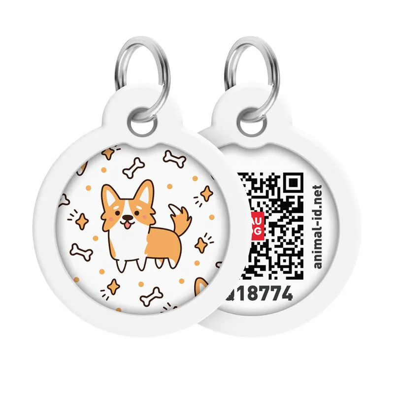 Адресник для собак і котів металевий WAUDOG Smart ID з QR паспортом, малюнок "Коргі", коло