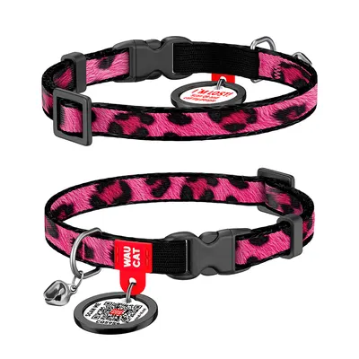 Нашийник для котів нейлоновий WAUCAT Nylon з QR паспортом, малюнок "Леопард рожевий", пластиковий фастекс