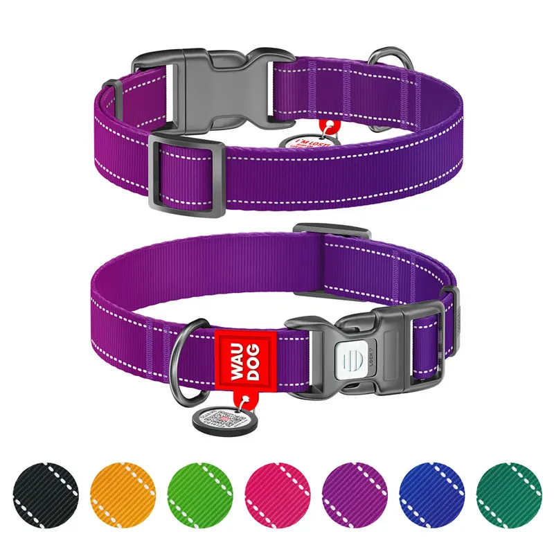 Нашийник для собак нейлоновий WAUDOG Nylon Mono з QR паспортом, світловідбивний, пластиковий фастекс, фіолетовий