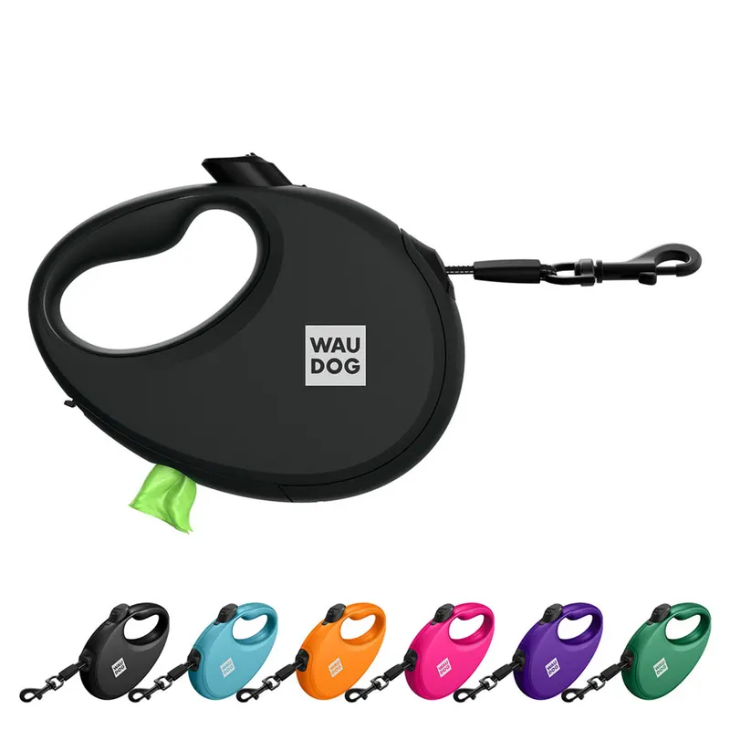Повідець-рулетка для собак WAUDOG R-leash з контейнером для пакетів, світловідбивна стрічка, до 12 кг, чорний