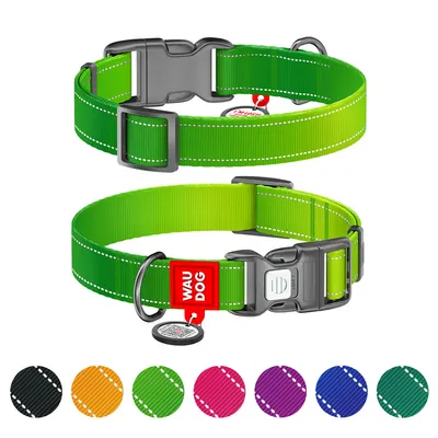 Нашийник для собак нейлоновий WAUDOG Nylon Mono з QR паспортом, світловідбивний, пластиковий фастекс, салатовий