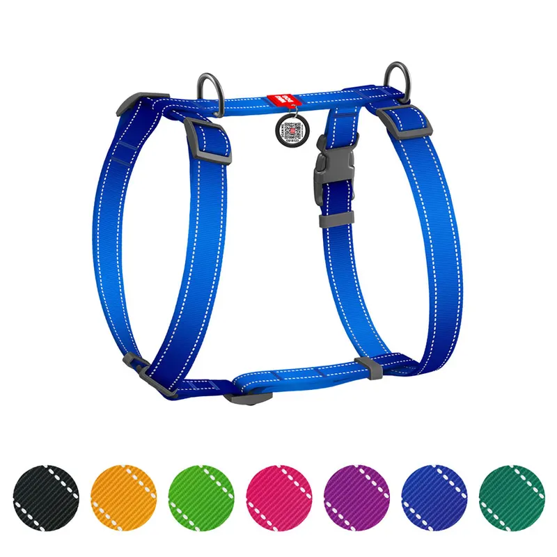 Шлея для собак анатомічна H-подібна WAUDOG Nylon Mono з QR-паспортом, світловідбивна, пластиковий фастекс, синій