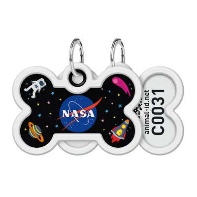 Адресник для собак і котів металевий WAUDOG Smart ID з QR паспортом, малюнок "NASA", кістка