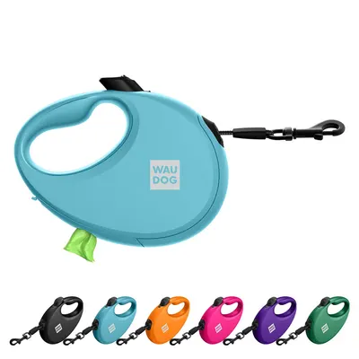 Повідець-рулетка для собак WAUDOG R-leash з контейнером для пакетів, світловідбивна стрічка, до 12 кг, блакитний