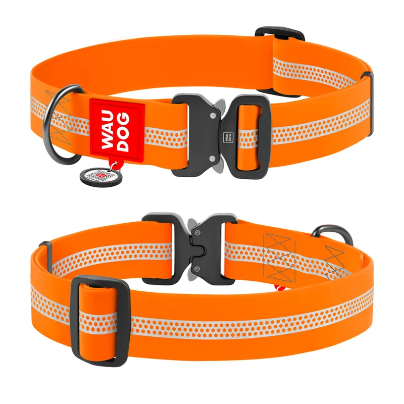 Нашийник для собак водостійкий WAUDOG Waterproof з QR-паспортом, світловідбиваючий, металева пряжка-фастекс, помаранчевий